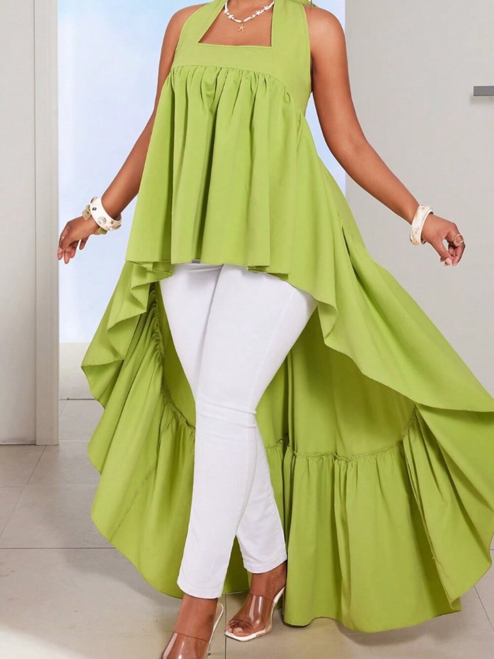 Green Casual Women's Plus Size Pleated Tie Neck Long Shirt